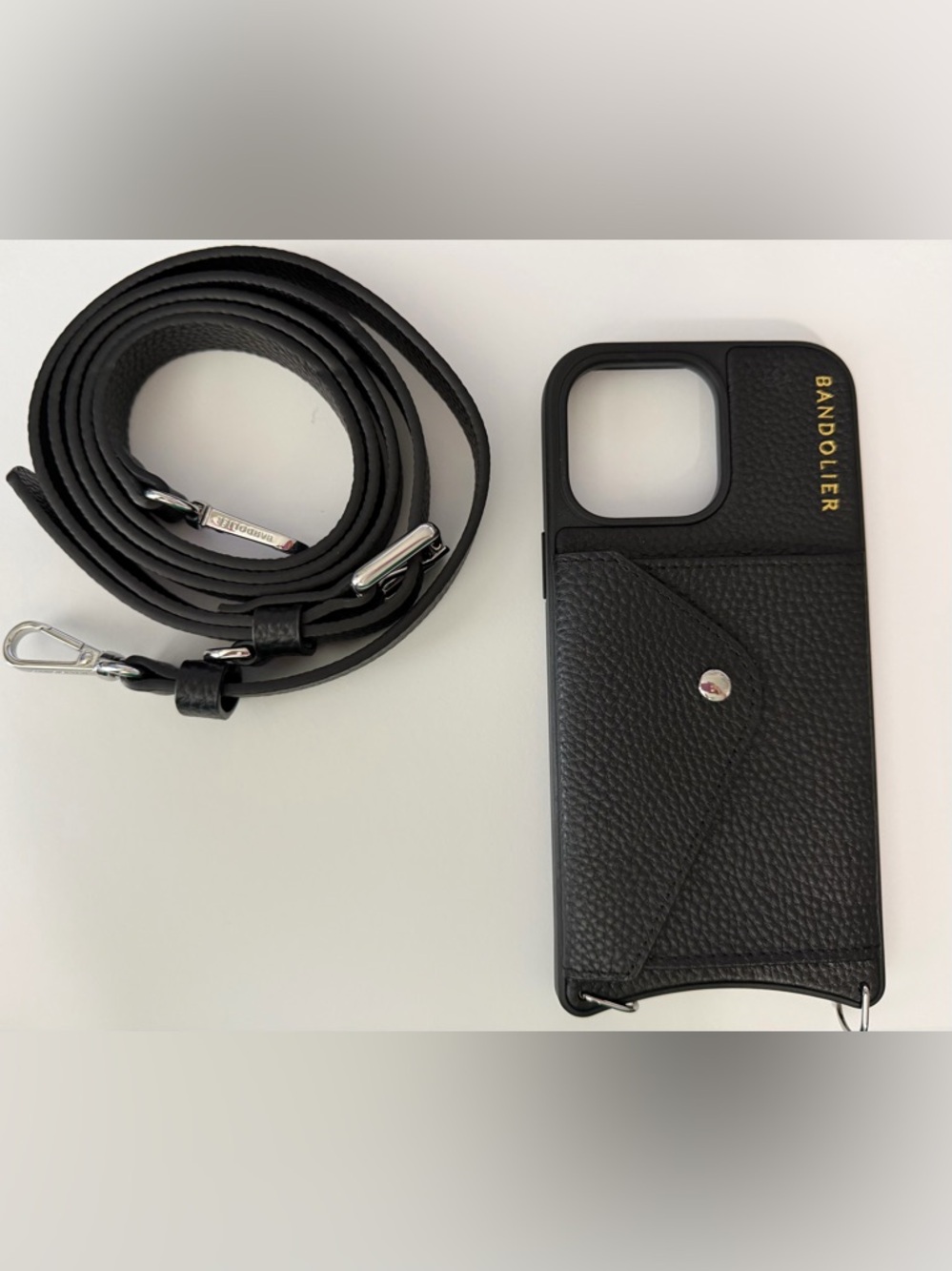 Bandolier Black Leather Phone Case with Crossbody Strap iPhone 14 Pro Max